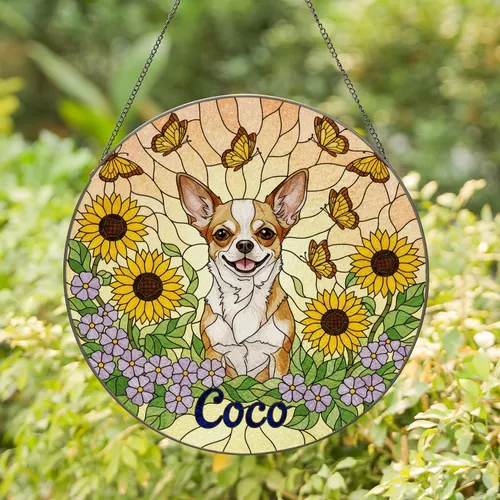 Chihuahua Coco Dog Stained Glass Butterflies Sunflowers Tiffany Style Art Mosaic Sky Stained Glass Suncatcher