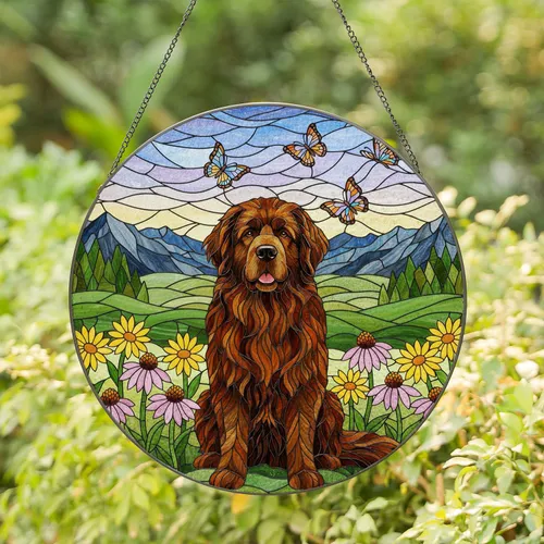 Fluffy Newfoundland Dog Wildflowers Butterflies - Mosaic Hills Mountains Stained Glass Art Stained Glass Suncatcher