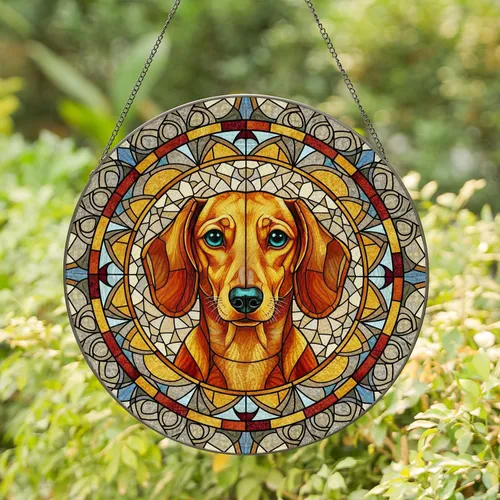Dachshund Dog Tiffany Stained Glass Mosaic Portrait - Geometric Pattern Dog Lover Gift Stained Glass Suncatcher