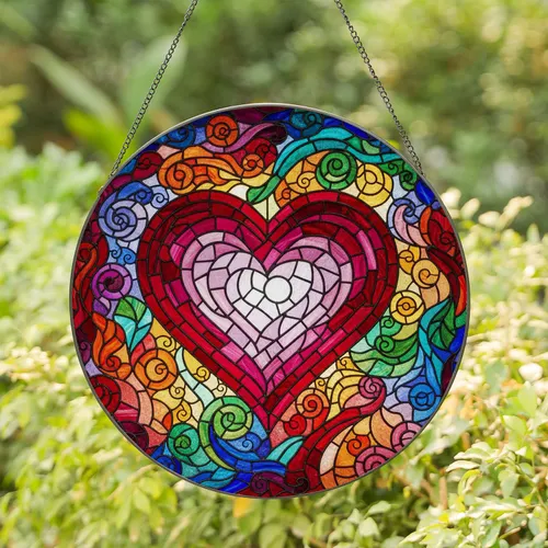 Stained Glass Heart Mosaic - Tiffany Style Jewel Tones Red Magenta Pink Lavender White Stained Glass Suncatcher