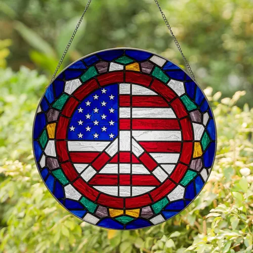 Stained Glass Mosaic Peace Sign American Flag - Highly Detailed Patriotic USA Home Art Stained Glass Suncatcher