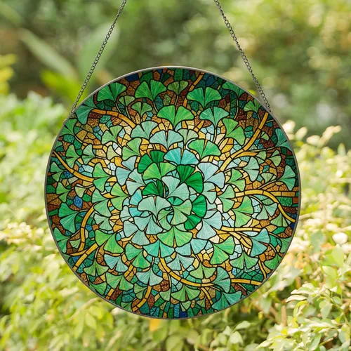 Detailed Stained Glass Ginkgo Leaves Mosaic - Tiffany Style Intricate Jewel Tone Art Stained Glass Suncatcher