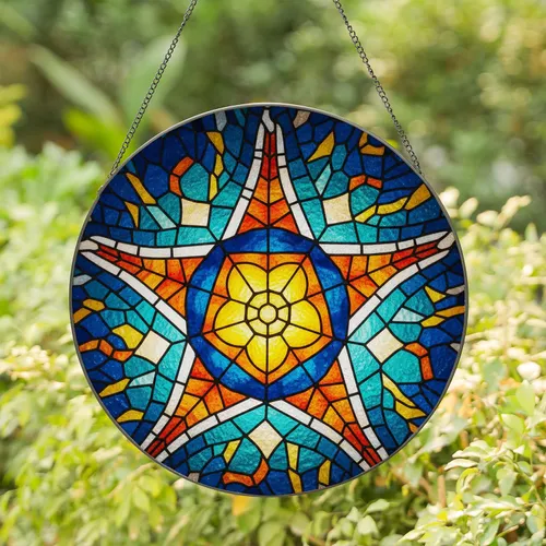 Tiffany Stained Glass Starfish Jewel Tones - Deep Blue Teal Orange Golden Radial Mosaic Art Stained Glass Suncatcher