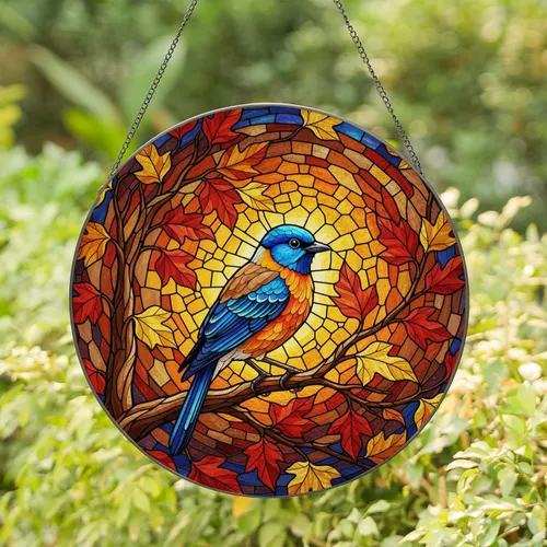 Blue-Headed Bird Stained Glass - Vibrant Tiffany Style Mosaic Jewel Tones Autumn Leaves Stained Glass Suncatcher