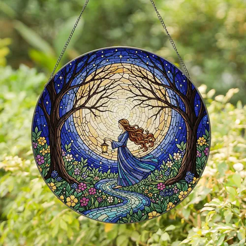 Young Woman Silhouette Lantern Mosaic Path Full Moon Tiffany Stained Glass Art Decor Stained Glass Suncatcher