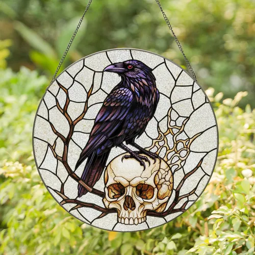 Black Raven Skull Stained Glass Tiffany Style with Barren Branches Cracked Ice Mosaic Stained Glass Suncatcher