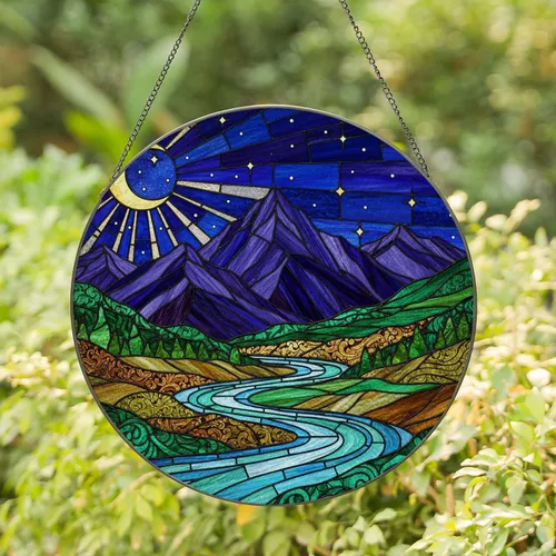 Stained Glass Mountain Landscape Night Sky Crescent Moon River Tiffany Style Stained Glass Suncatcher