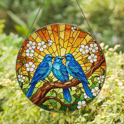 Three Blue Birds Stained Glass Tiffany Art - Blossoms Foliage Mosaic Sky Jewel Tones Stained Glass Suncatcher