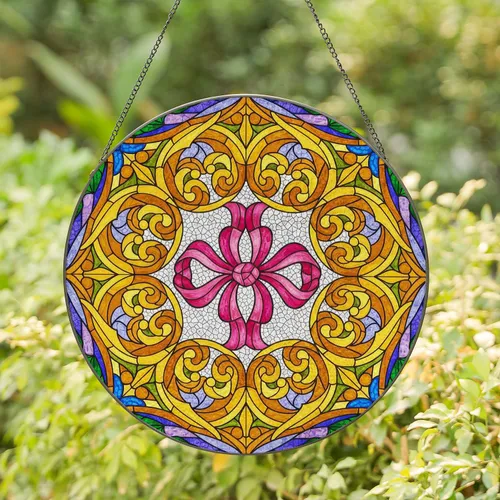 Grand Pink Magenta Bow Stained Glass Art - Tiffany Style Floral Scrollwork Mosaic Pattern Stained Glass Suncatcher