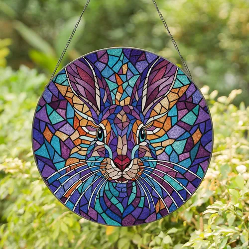 Detailed Multi-Colored Mosaic Rabbit Head Stained Glass Art Geometric Patterns Jewel Tones Stained Glass Suncatcher