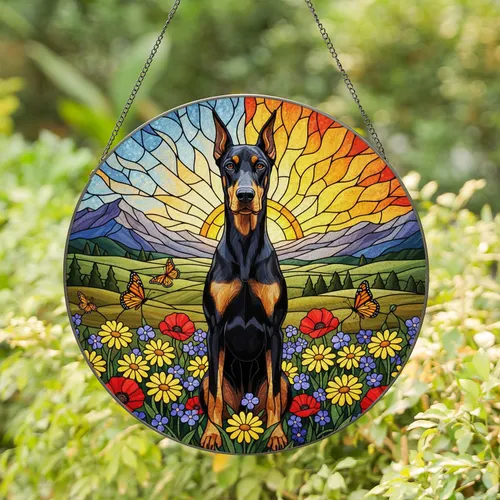 Black Doberman Pinscher Stained Glass Meadow Butterflies - Tiffany Inspired Dog Art Gift Stained Glass Suncatcher