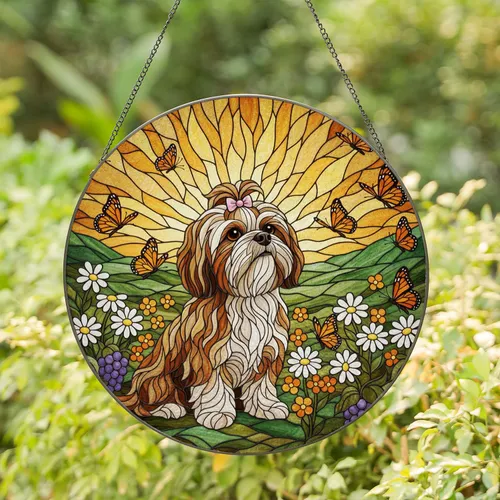 Stained Glass Shih Tzu Dog Brown Cream Fur Butterflies Flowers Hills Sky Jewel Tones Stained Glass Suncatcher