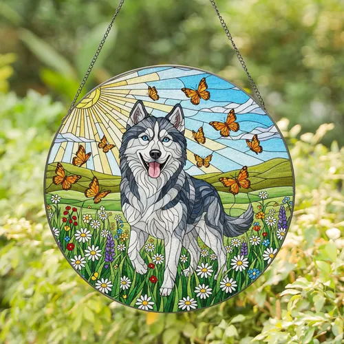 Gray White Husky Dog Stained Glass Art Meadow Butterflies Wildflowers Tiffany Style Stained Glass Suncatcher