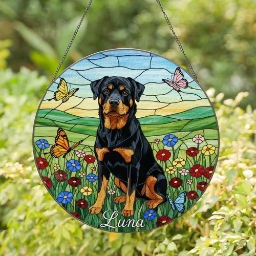 Rottweiler Dog Luna Tiffany Stained Glass - Wildflower Meadow Butterflies Art for Dog Lovers Stained Glass Suncatcher