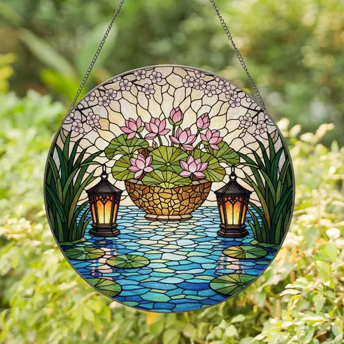Vibrant Pink Lotus Flowers Mosaic Bowl Lanterns Tiffany Style Stained Glass Pond Scene Stained Glass Suncatcher