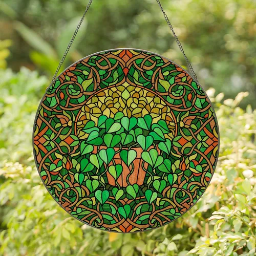 Tiffany Stained Glass Potted Plant Heart Leaves Emerald Green Amber Floral Mosaic Art Stained Glass Suncatcher