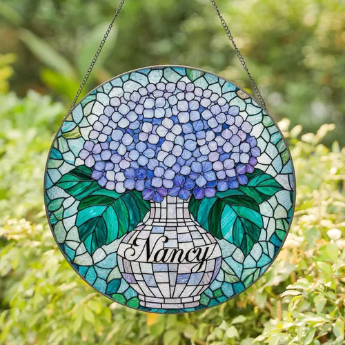 Tiffany Style Stained Glass Hydrangea Flower Mosaic Art - Iridescent Jewel Tone Nancy Gift Stained Glass Suncatcher