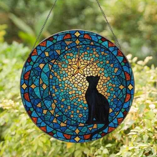 Black Cat Crescent Moon Star Tiffany Glass Mosaic - Intricate Celestial Decor Gift Stained Glass Suncatcher