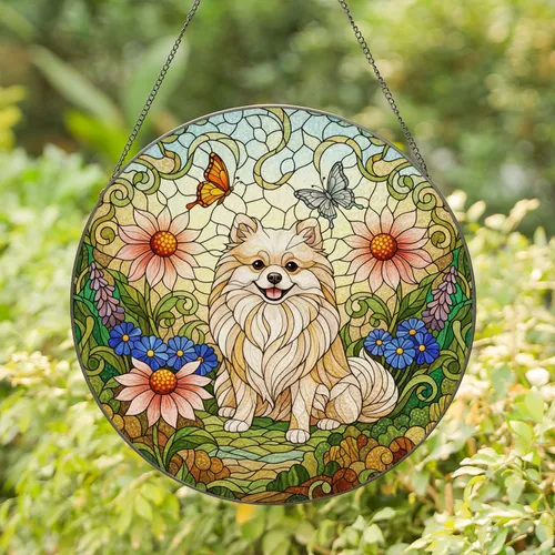 Pomeranian Dog Tiffany Stained Glass Art - Mosaic Sky Flowers Butterflies Pet Gift Stained Glass Suncatcher