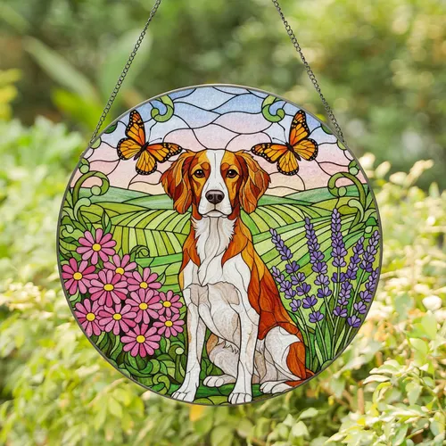 Brittany Spaniel Stained Glass Butterflies Daisies Lavender Meadow Dog Lover Gift Stained Glass Suncatcher