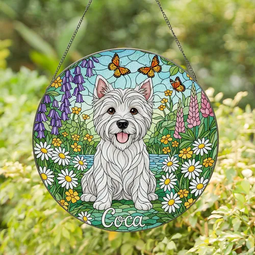 White Westie Coca Dog Stained Glass Garden with Daisies Butterflies - Dog Lover Gift Stained Glass Suncatcher
