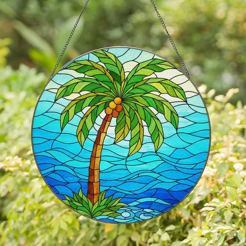 Tiffany Stained Glass Palm Tree Ocean Coastal Landscape - Tropical Jewel Tone Gift Stained Glass Suncatcher
