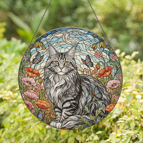 Fluffy Maine Coon Cat Tiffany Stained Glass Poppies Butterflies Jewel Tone Mosaic Stained Glass Suncatcher