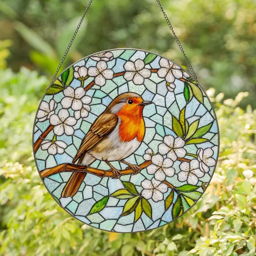 Intricate Robin Bird Cherry Blossom Stained Glass Mosaic - Tiffany Style Window Panel Decor Stained Glass Suncatcher