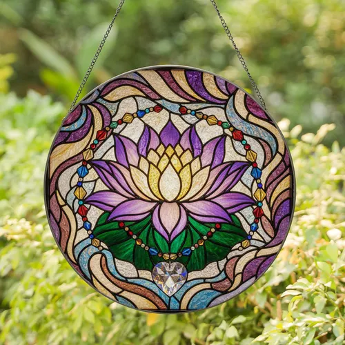 Blooming Lotus Flower Stained Glass Crystal Prism, Tiffany Style Ethereal Mosaic Stained Glass Suncatcher