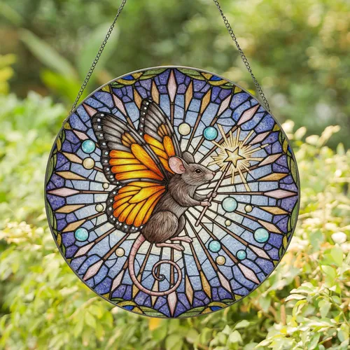 Monarch Winged Mouse Magic Wand Stained Glass Orbs - Intricate Tiffany Style Window Decor Stained Glass Suncatcher