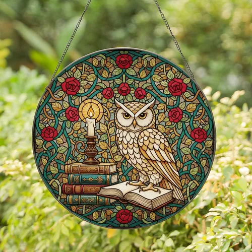 Wise Owl Stained Glass Books & Candle - Intricate Tiffany Jewel Tone Rose Vine Mosaic Stained Glass Suncatcher