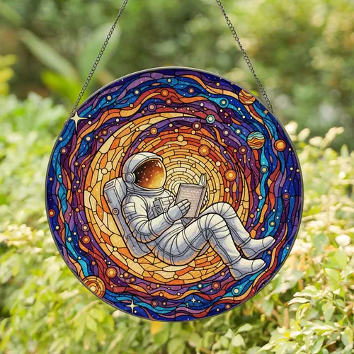 Astronaut Reading on Crescent Moon Tiffany Style Stained Glass Cosmic Nebula Stars Stained Glass Suncatcher