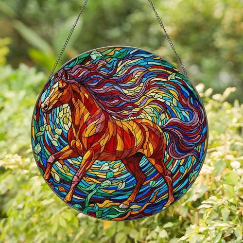Majestic Galloping Horse Stained Glass Tiffany Art - Intricate Jewel Tone Design Stained Glass Suncatcher