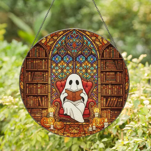 Tiffany Stained Glass Ghost Reading Book Jack-O'-Lantern Autumn Fall Halloween Decor Stained Glass Suncatcher