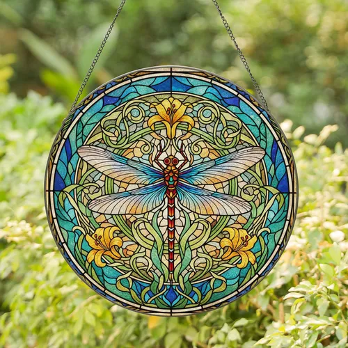 Majestic Dragonfly Stained Glass Tiffany Style Art Nouveau Jewel Tone Concentric Patterns Stained Glass Suncatcher