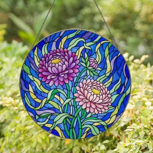 Tiffany Style Stained Glass Aster Flowers Design - Intricate Botanical Mosaic Art in Jewel Tones Stained Glass Suncatcher
