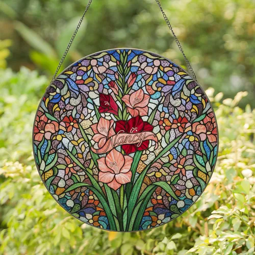 Stained Glass Gladiolus Flowers with 'Nancy' Name - Intricate Mosaic Garden Floral Art Decor Stained Glass Suncatcher