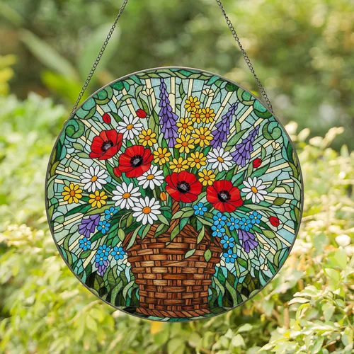 Stained Glass Tiffany Style Floral Basket Bouquet Blooming Poppies Daisies Garden Art Stained Glass Suncatcher