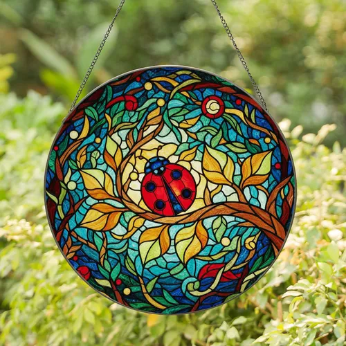 Red Ladybug Stained Glass Art - Emerald Leaves, Amber Foliage & Tiffany Mosaic Stained Glass Suncatcher