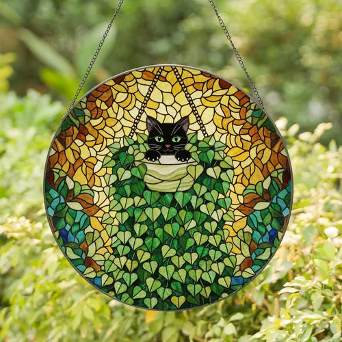 Black Cat Peeking Hanging Ivy Plant Stained Glass - Tiffany Garden Art Window Decor Stained Glass Suncatcher
