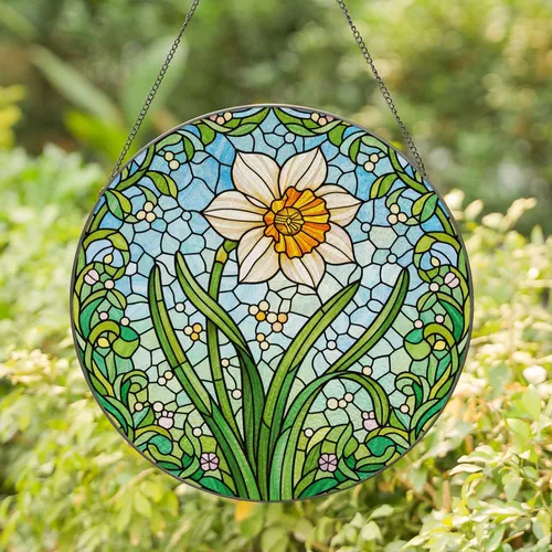 Daffodil Stained Glass Spring Flower Mosaic - Translucent Glowing Home Decor Gift for Her Stained Glass Suncatcher