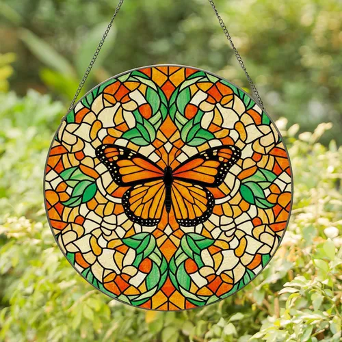 Monarch Butterfly Tiffany Stained Glass Flowers Leaves Mosaic Orange Black Green Yellow Stained Glass Suncatcher