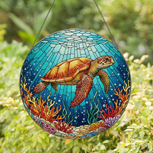 Large Sea Turtle Stained Glass Coral Reef - Underwater Ocean Mosaic Art Decor Gift Stained Glass Suncatcher