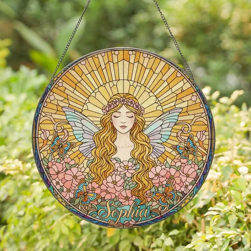 Sophia Fairy Wings Stained Glass Pink Flowers Butterflies Golden Hair Tiffany Style Art Stained Glass Suncatcher