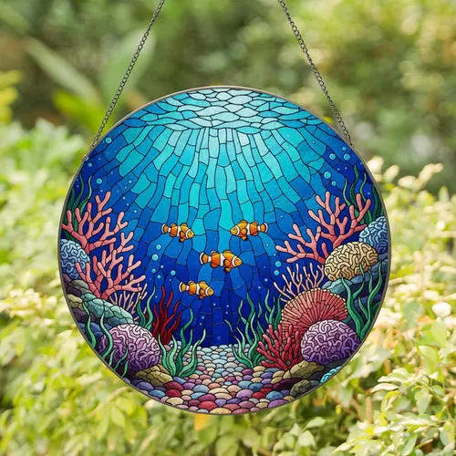 Highly Detailed Underwater Coral Reef Fish Stained Glass - Translucent Marine Life Stained Glass Suncatcher