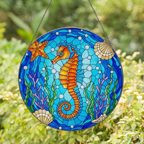 Tiffany Glass Seahorse Starfish Marine Life - Ocean Coral Seaweed Intricate Decor Stained Glass Suncatcher
