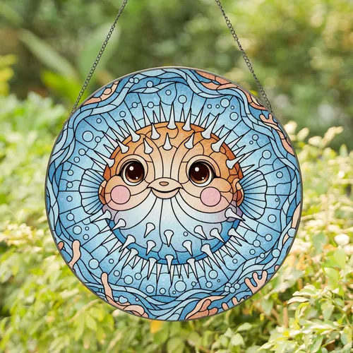Stained Glass Pufferfish Underwater Mosaic Seascape - Translucent Jewel Tone Decor Gift Stained Glass Suncatcher
