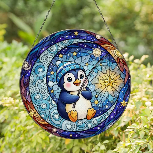 Chubby Penguin Moon Star Fishing Rod Tiffany Stained Glass Jewel Tone Night Sky Art Stained Glass Suncatcher