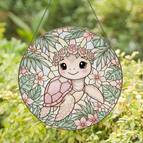 Kawaii Baby Sea Turtle Stained Glass Iridescent Glitter Shell Floral Crown Ocean Decor Art Stained Glass Suncatcher