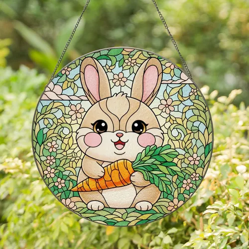 Smiling Chubby Rabbit Carrot Tiffany Stained Glass Mosaic Garden Floral Art Decor Stained Glass Suncatcher